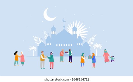 Ramadan Kareem, Eid mubarak, greeting card and banner with many people, giving gifts, food.Islamic holiday background. Vector illustration