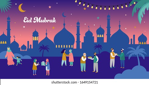 Ramadan Kareem, Eid mubarak, greeting card and banner with many people, giving gifts, food. Islamic holiday background. Vector illustration