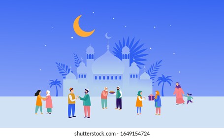 Ramadan Kareem, Eid Mubarak, tarjeta de saludo y pancarta con mucha gente, dando regalos, comida. Antecedentes de la festividad islámica. Ilustración del vector