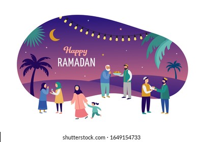 Ramadan Kareem, Eid Mubarak, Greeting Card And Banner With Many People, Giving Gifts, Food. Islamic Holiday Background. Vector Illustration