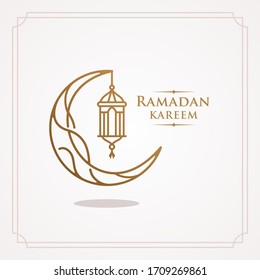 ramadan Kareem, Eid Mubarak Greeting Line icon minimal and simple vector design with beautiful Glowing Lantern and elegant crescent moon star for background and Banner