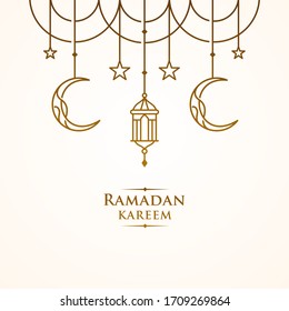 ramadan Kareem, Eid Mubarak Greeting Line icon minimal and simple vector design with beautiful Glowing Lantern and elegant crescent moon star for background and Banner