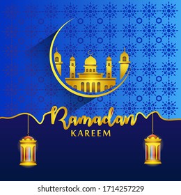 Ramadan kareem o eid mubarak saluda ilustración vectorial mezquita y luna con estampado azul