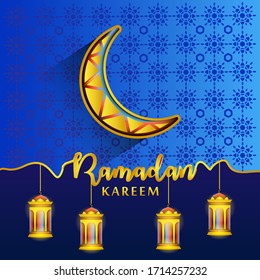 Ramadan kareem or eid mubarak greeting background vector illustration moon with blue patterned