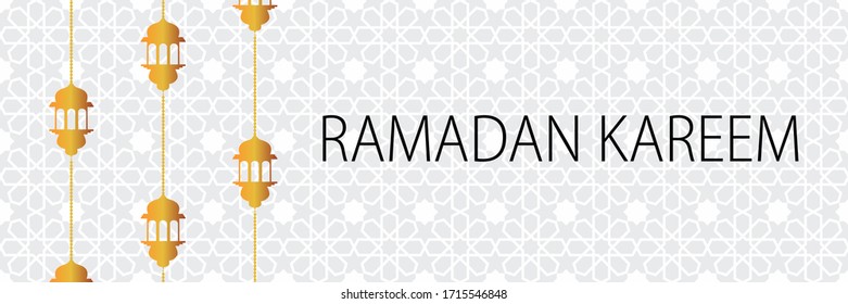 Ramadan Kareem, Eid Mubarak greeting concept vector long horizontal  banner background design with lantern