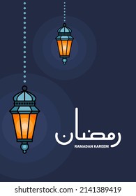 Ramadan Kareem and eid mubarak greeting card design. with moroccan lantern ornament isolated on red background, arabic calligraphy which means ramadhan kareem, vector illustration.
