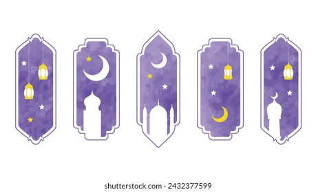 Ramadan Kareem, Eid Mubarak greeting icon. Illustration set of middle eastern landscapes of night sky studded with stars and  elegant crescent moon in watercolor style. 