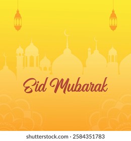 Ramadan kareem with Eid Mubarak greeting banner template vector background with yellow and gold colours