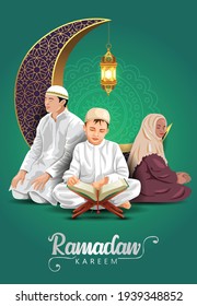 Ramadan Kareem And Eid Mubarak Greetings. Islamic Group Of People  Reading Quran Vector Illustration Design