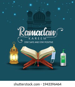 ramadan kareem and eid mubarak greetings. Quran with face mask vector illustration design. covid 19, coronavirus concept.