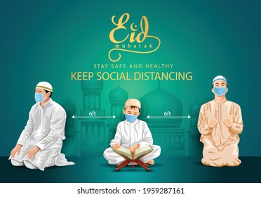 Ramadan Kareem and Eid Mubarak greetings. Islamic people keep social distancing vector illustration design. covid-19, corona virus concept.