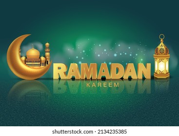 Ramadan Kareem and Eid Mubarak greetings with mosque, half moon and golden lamp, Eid 3d letter. vector illustration design 