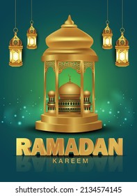 Ramadan Kareem and Eid Mubarak greetings with mosque, golden lamp, Eid 3d letter. vector illustration design 