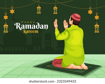 Ramadan Kareem and eid mubarak greetings. Muslim man in traditional dress offering namaz, praying and making duas during the holy month of Ramadan social post template.
