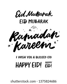 Ramadan Kareem and Eid Mubarak hand drawn lettering. Vector templates for greeting card, invitation, banner, poster design.