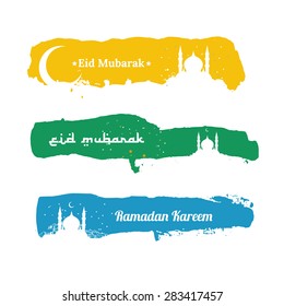 Ramadan Kareem and Eid Mubarak "Happy Ramadan" and "Happy Holidays" with english text vector illustration set