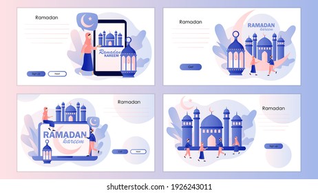 Ramadan Kareem. Eid mubarak holiday. Holy Month and lantern for pray at night. Screen template for mobile smart phone, landing page, template, ui, web, mobile app, poster, banner, flyer. Vector