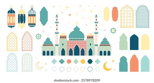 Ramadan Kareem and Eid Mubarak holiday elements set in geometric flat style. Islamic  Mosque, lanterns, windows, arches, moon and stars. Modern vector illustration