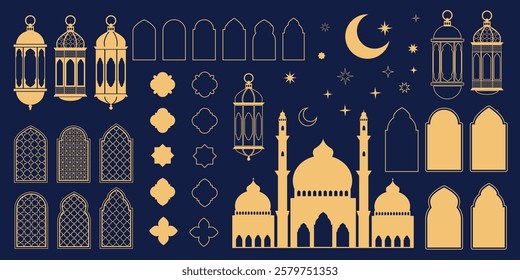 Ramadan Kareem and Eid Mubarak holiday elements set in geometric flat style. Islamic  Mosque, lanterns, windows, arches, moon and stars. Modern vector illustration  in gold color