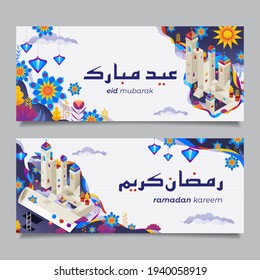 Ramadan Kareem and Eid Mubarak horizontal banners with festive illustrations, with the mosque building, domes and colorful fantasy plants. Arabic translation: blessed eid, generous ramadan.