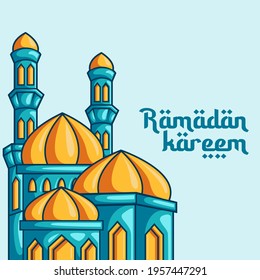 ramadan kareem and eid mubarak illuatration . Vector greetings design with blue and golden mosque for invitation card, banner, flyer, poster, template. Colorful illustration.