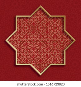 Ramadan Kareem or Eid Mubarak Islamic design on red background and gold pattern for greeting card, event or poster (transaltion : Eid Mubarak)