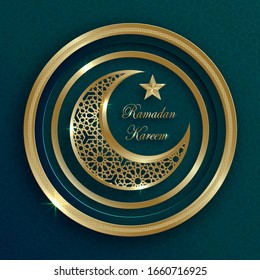 Ramadan Kareem or Eid Mubarak Islamic design with lamp and cressent moon on green background and gold pattern for greeting card, event or poster 