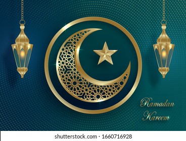 Ramadan Kareem or Eid Mubarak Islamic design with lamp and cressent moon on green background and gold pattern for greeting card, event or poster 