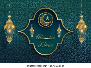 Ramadan Kareem or Eid Mubarak Islamic design with cressent moon on green background and gold pattern for greeting card, event or poster (transaltion : Eid Mubarak)