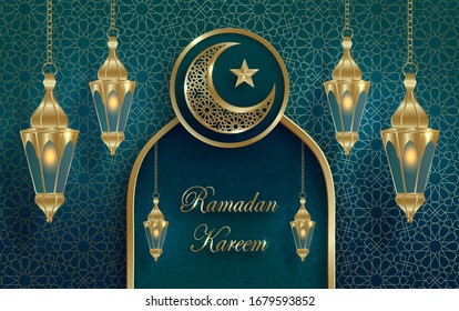 Ramadan Kareem or Eid Mubarak Islamic design with cressent moon on green background and gold pattern for greeting card, event or poster (transaltion : Eid Mubarak)