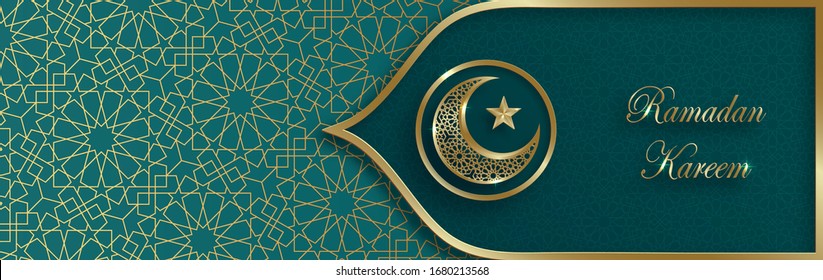 Ramadan Kareem or Eid Mubarak Islamic design with cressent moon on green background and gold pattern for greeting card, event or poster (transaltion : Eid Mubarak)