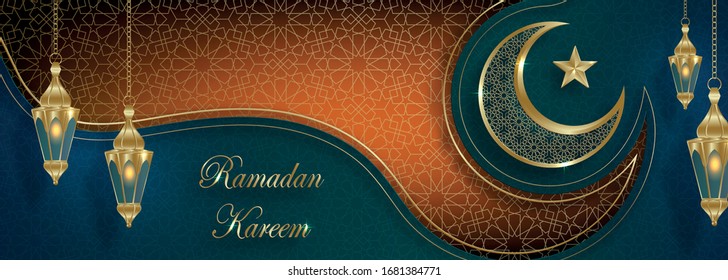 Ramadan Kareem or Eid Mubarak Islamic design with cressent moon on green background and gold pattern for greeting card, event or poster (transaltion : Eid Mubarak)