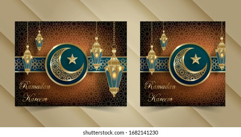 Ramadan Kareem or Eid Mubarak Islamic design with cressent moon on green background and gold pattern for greeting card, event or poster 