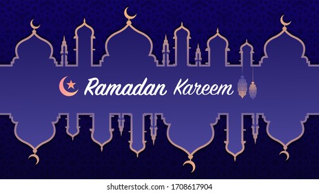 Ramadan Kareem oder Eid Mubarak Islamischer Designhintergrund mit muslimem Beten auf dem Himmelsmoment Mond, Moschee und klassische Laterne.Grußkarte, Einladung für die muslimische Gemeinschaft.