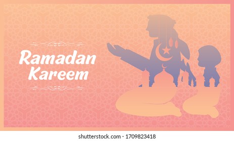 Ramadan Kareem oder Eid Mubarak Islamischer Designhintergrund mit Moslem Beten auf dem Himmel flach Blatt hinter Mustermond, Moschee und klassische Laterne.Grußkarte, Einladung für muslime Gemeinschaft.
