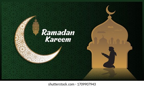 Ramadan Kareem oder Eid Mubarak Islamischer Designhintergrund mit klassischem Mustermond und Laterne.Eid Mubarak Grußkarte, Werbung, Einladung, Poster und Rabatt für muslime Gemeinschaft.