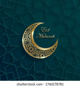 Ramadan Kareem or Eid Mubarak Islamic design with cressent moon on green background and gold pattern for greeting card, event or poster (transaltion : Eid Mubarak)