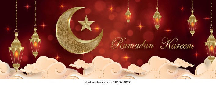 Ramadan Kareem or Eid Mubarak Islamic design with cressent moon on red background and gold pattern for greeting card, event or poster (transaltion : Eid Mubarak)