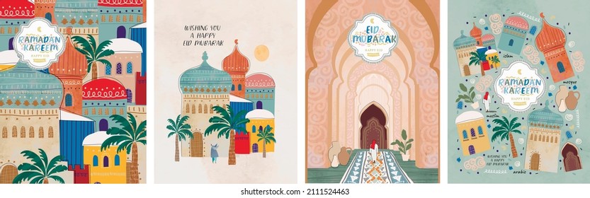 Ramadan Kareem! Eid Mubarak! Islamic holiday vector illustrations, Arabic architecture, mosque, pattern and background for a poster, congratulation or card