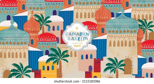 Ramadan Kareem! Eid Mubarak! Islamic holiday vector illustrations, Arabic architecture, mosque, pattern and background for a poster, banner or card