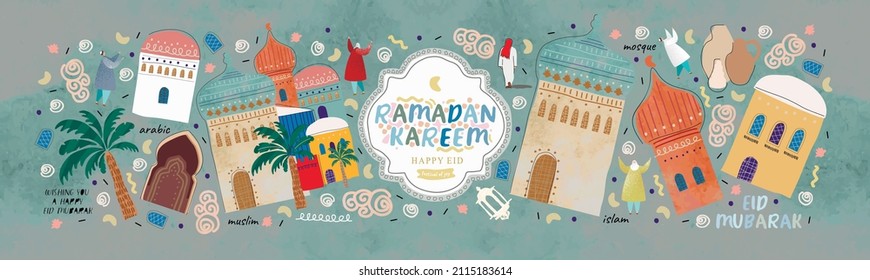 Ramadan Kareem! Eid Mubarak! Islamic holiday vector illustrations, Arabic architecture, mosque, objects and background for a poster, banner or card