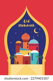 Ramadan Kareem! Eid Mubarak! Islamische Feiertagsvektorillustrationen, arabische Architektur, Moschee, Muster und Hintergrund für ein Poster, Gratulation oder eine Karte