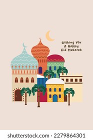 Ramadan Kareem! Eid Mubarak! Islamic holiday vector illustrations, Arabic architecture, mosque, pattern and background for a poster, congratulation or card