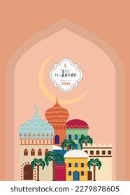 Ramadan Kareem! Eid Mubarak! Islamic holiday vector illustrations, Arabic architecture, mosque, pattern and background for a poster, congratulation or card