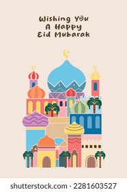 Ramadan Kareem! Eid Mubarak! Islamic holiday vector illustrations, Arabic architecture, mosque, pattern and background for a poster, congratulation or card