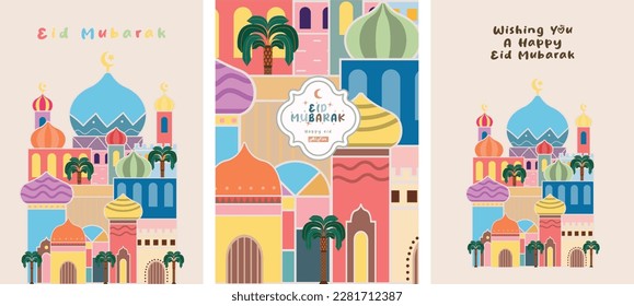 Ramadan Kareem! Eid Mubarak! Islamic holiday vector illustrations, Arabic architecture, mosque, pattern and background for a poster, congratulation or card