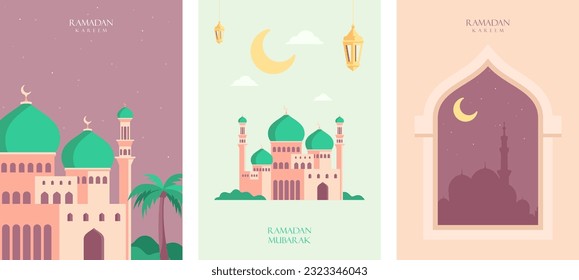 Ramadan Kareem, Eid Mubarak, ilustraciones vectoriales de vacaciones islámicas, arquitectura árabe, mezquita, patrón y fondo para un afiche, tarjeta de felicitación