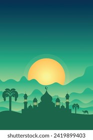 Ramadan Kareem, Eid Mubarak, Islamic holiday vector illustrations, Arabic architecture, mosque, pattern and background for a poster, congratulation or card