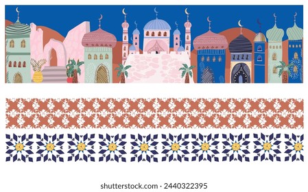 Ramadan Kareem, Eid mubarak. Islamic holiday background. Ramadan Kareem, Eid Mubarak, seamless border.Vector illustration, hand drawn style.
