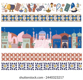 Ramadan Kareem, Eid mubarak. Islamic holiday background. Ramadan Kareem, Eid Mubarak, seamless border.Vector illustration, hand drawn style.